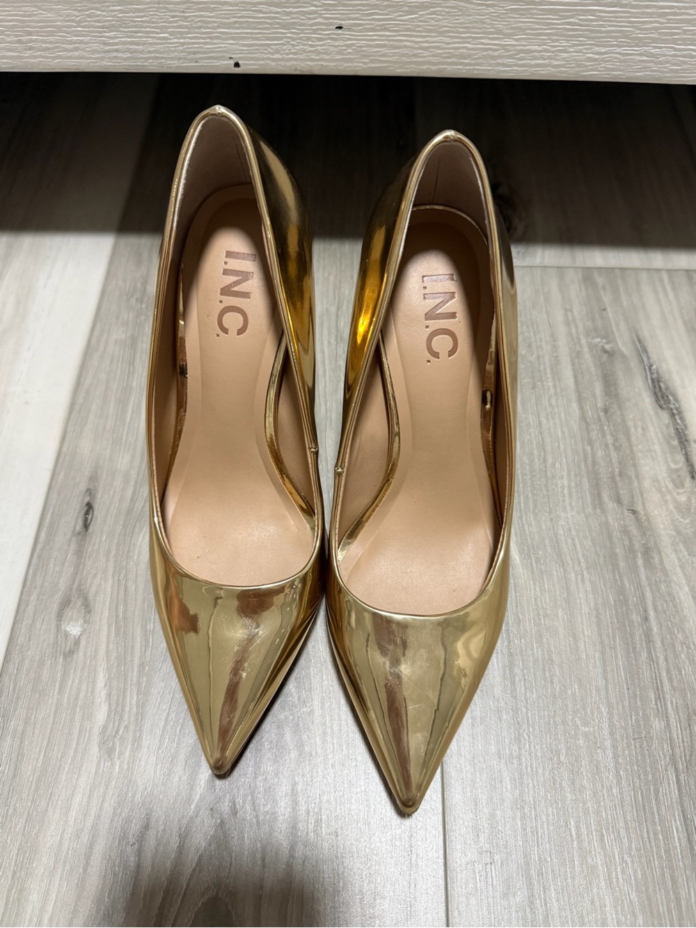 INC International Concepts Shiny Gold Pointed Toe Stilettos